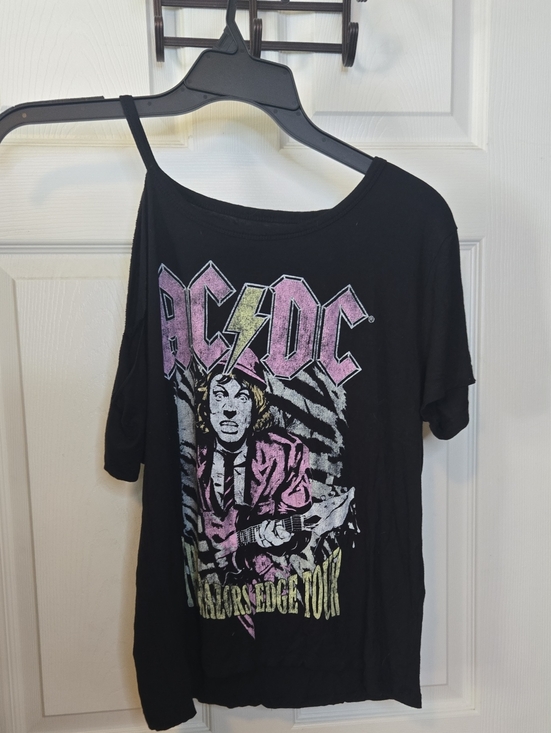 Recycled Karma Tops - Recycled Karma Black AC/DC Graphic Tee with Pink & Yellow Print
